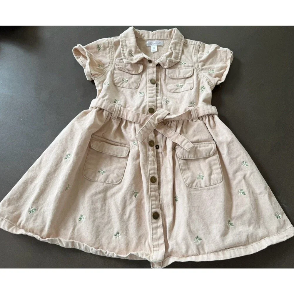 Nanette Denim Button-Front Dress Pockets floral embroidered Girls Size 6T beige